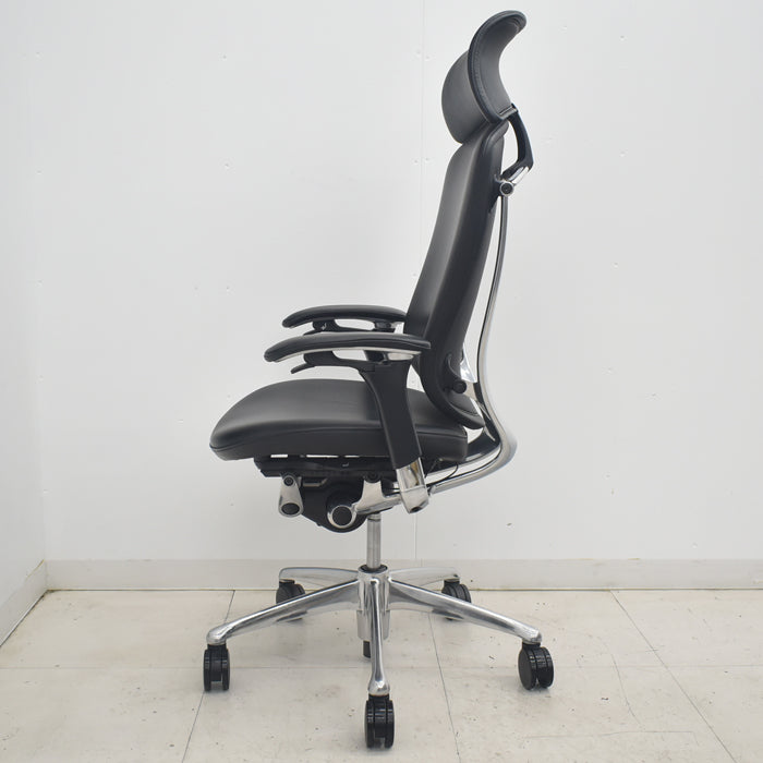 【中古】オカムラ　コンテッサ　大型ヘッドレスト　可動肘　アルミポリッシュ　革張り　2025090303【中古オフィス家具】