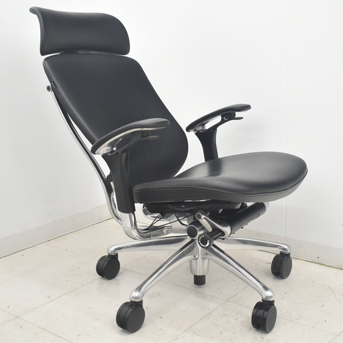 【中古】オカムラ　コンテッサ　大型ヘッドレスト　可動肘　アルミポリッシュ　革張り　2025090303【中古オフィス家具】