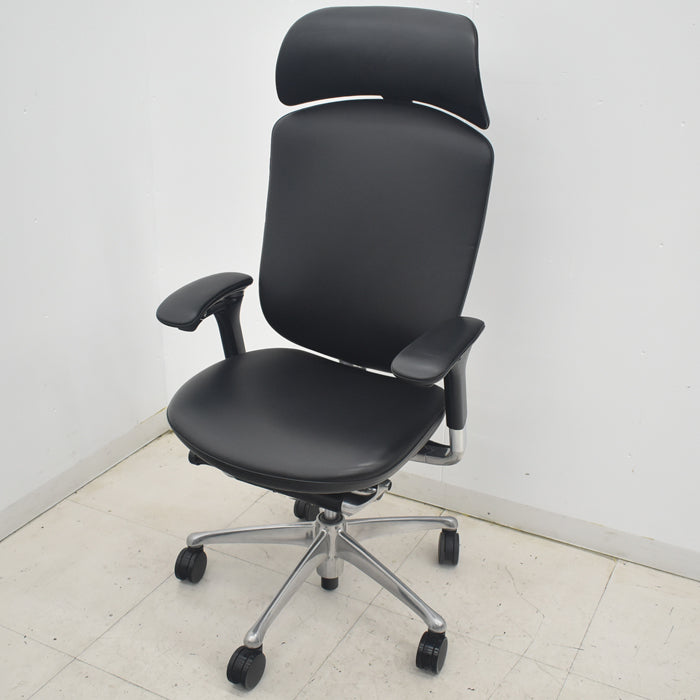【中古】オカムラ　コンテッサ　大型ヘッドレスト　可動肘　アルミポリッシュ　革張り　2025090304【中古オフィス家具】