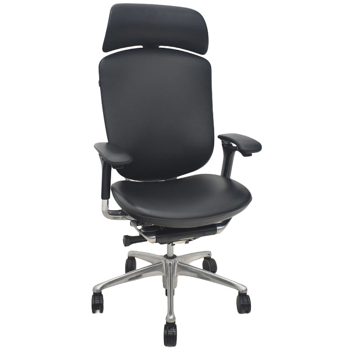 【中古】オカムラ　コンテッサ　大型ヘッドレスト　可動肘　アルミポリッシュ　革張り　2025090304【中古オフィス家具】