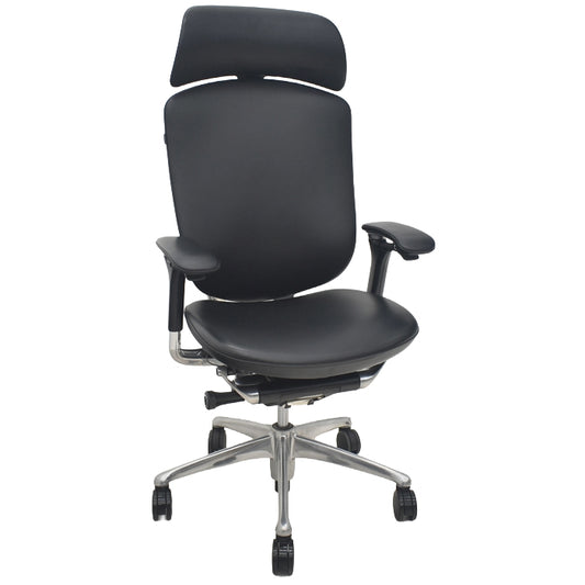 【中古】オカムラ　コンテッサ　大型ヘッドレスト　可動肘　アルミポリッシュ　革張り　2025090304【中古オフィス家具】