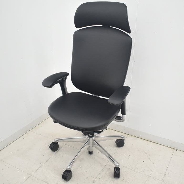 【中古】オカムラ　コンテッサ　大型ヘッドレスト　可動肘　アルミポリッシュ　革張り　2025090305【中古オフィス家具】