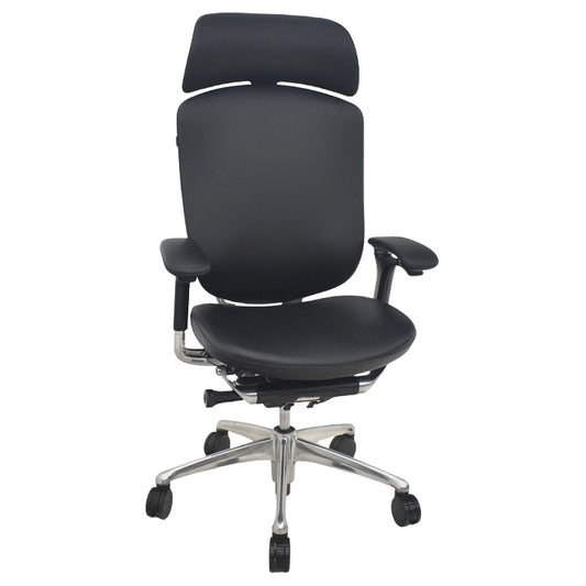 【中古】オカムラ　コンテッサ　大型ヘッドレスト　可動肘　アルミポリッシュ　革張り　2025090305【中古オフィス家具】