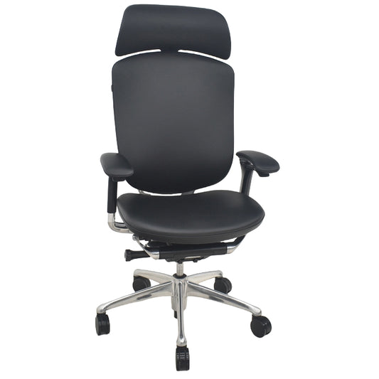 【中古】オカムラ　コンテッサ　大型ヘッドレスト　可動肘　アルミポリッシュ　革張り　2025090306【中古オフィス家具】