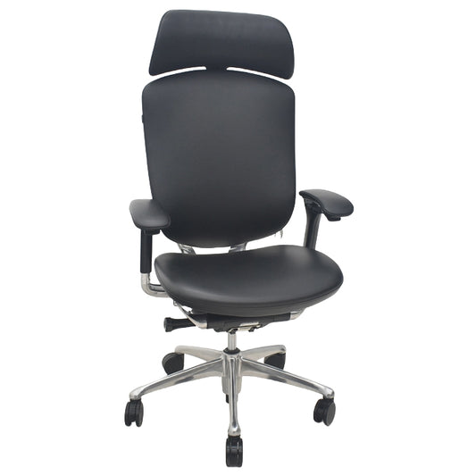 【中古】オカムラ　コンテッサ　大型ヘッドレスト　可動肘　アルミポリッシュ　革張り　2025090310【中古オフィス家具】