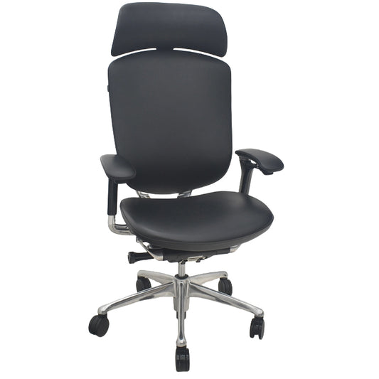【中古】オカムラ　コンテッサ　大型ヘッドレスト　可動肘　アルミポリッシュ　革張り　2025090401【中古オフィス家具】