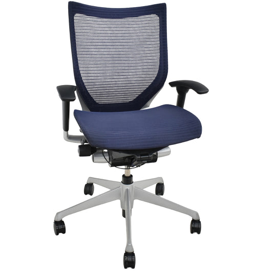 【中古】オカムラ　バロン　ローバック　可動肘　シルバー脚　肘パッド新品　ダークブルー　2025092201【中古オフィス家具】