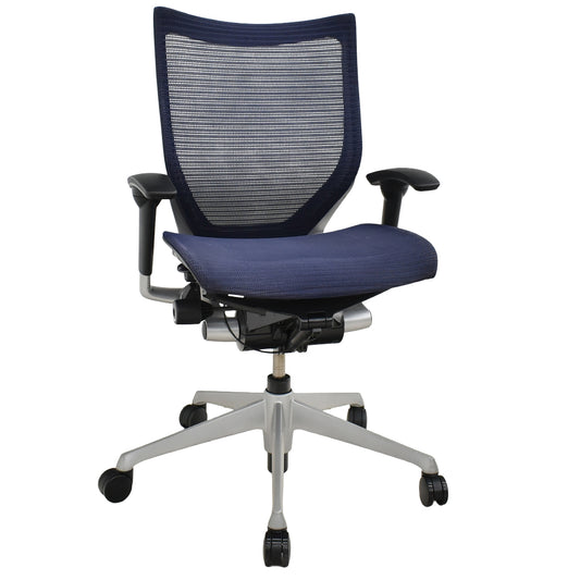 【中古】オカムラ　バロン　ローバック　可動肘　シルバー脚　肘パッド新品　ダークブルー　2025092202【中古オフィス家具】