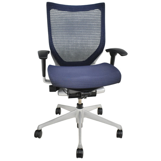 【中古】オカムラ　バロン　ローバック　可動肘　シルバー脚　肘パッド新品　ダークブルー　2025092203【中古オフィス家具】