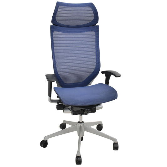 【中古】オカムラ　バロン　エクストラハイバック　ヘッドレスト　可動肘　ミディアムブルー　2025120102【中古オフィス家具】