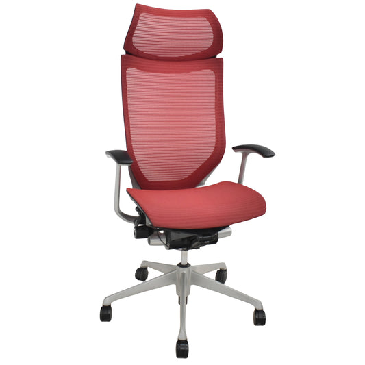 【中古】オカムラ　バロン　エクストラハイバック　ヘッドレスト　固定肘　レッド　2025120202【中古オフィス家具】