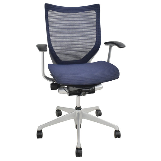 【中古】オカムラ　バロン　ローバック　固定肘（肘パット新品）昇降ガス新品　ダークブルー　2025120301 【中古オフィス家具】