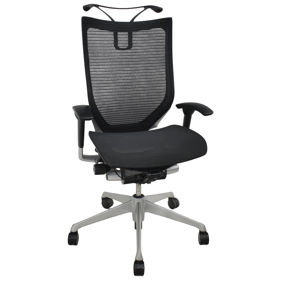 【中古】オカムラ　バロン　ハイバック　可動肘　ハンガー　シルバー脚　ブラック　肘パッド新品交換済　2025121006【中古オフィス家具】