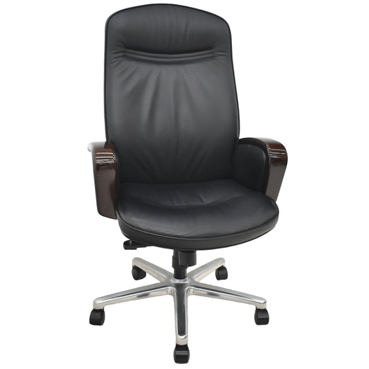 【中古】オカムラ　KCシリーズ　エグゼクティブチェア　ハイバック　固定肘　革張り　ポリッシュ　ブラック　2026021405【中古オフィス家具】