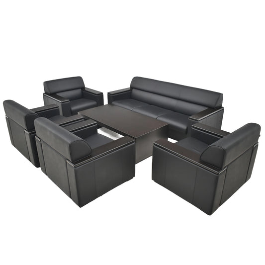 【中古】オカムラ　S-18H　高級応接６点セット　総革張り　ブラック　幅2070　2026040202【中古オフィス家具】