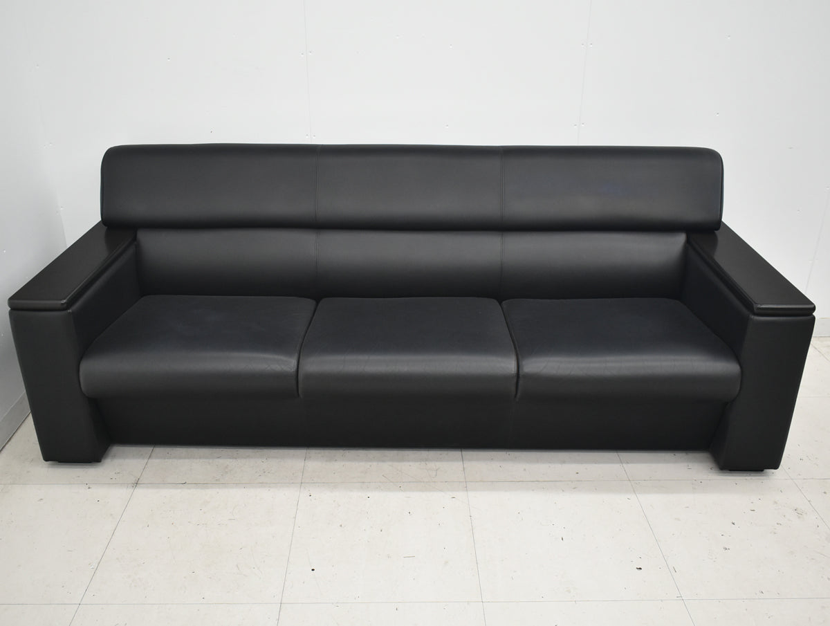 【中古】オカムラ　S-18H　高級応接５点セット　総革張り　ブラック　幅2070　2026040301【中古オフィス家具】