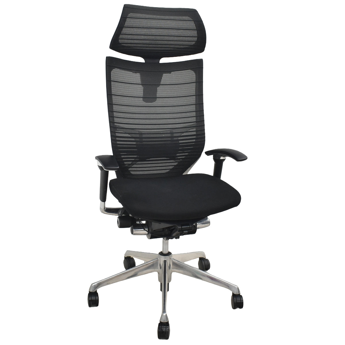【中古】オカムラ　バロン　エクストラハイバック　可動ヘッドレスト　可動肘（肘パッド新品）グラデーションメッシュ　ランバーサポート　ポリッシュ　ブラック　2026042102【中古オフィス家具】