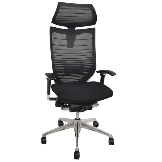 【中古】オカムラ　バロン　エクストラハイバック　可動ヘッドレスト　可動肘（肘パッド新品）グラデーションメッシュ　ランバーサポート　ポリッシュ　ブラック　2026042102【中古オフィス家具】