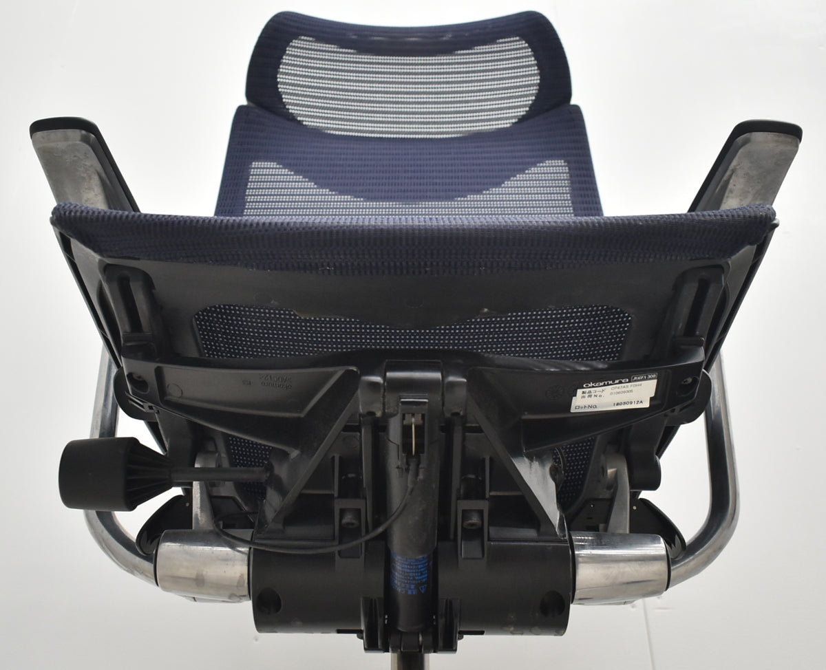 【中古】オカムラ　バロン　エクストラハイバック　固定ヘッドレスト　固定肘（肘パッド新品）ダークブルー　2026042103【中古オフィス家具】