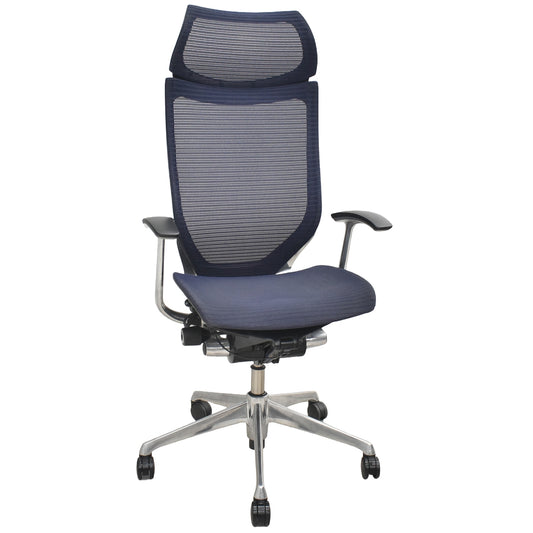 【中古】オカムラ　バロン　エクストラハイバック　固定ヘッドレスト　固定肘（肘パッド新品）ダークブルー　2026042103【中古オフィス家具】