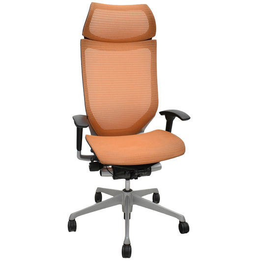 【中古】オカムラ　バロン　エクストラハイバック　可動肘　固定ヘッドレスト　シルバー脚　オレンジ　2026051302【中古オフィス家具】