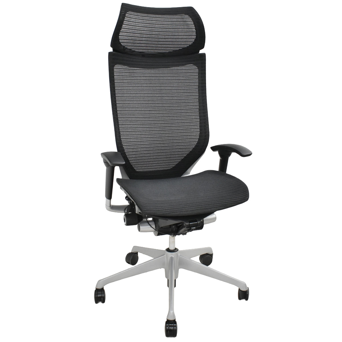 【中古】オカムラ　バロン　エクストラハイバック　可動肘　固定ヘッドレスト　シルバー脚　ブラック　2026051304【中古オフィス家具】
