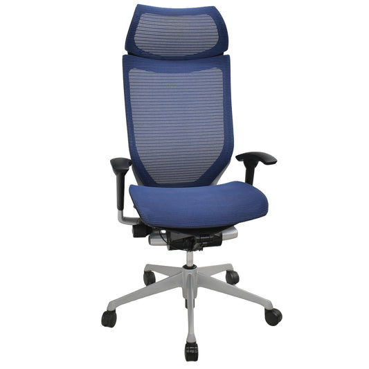 【中古】オカムラ　バロン　エクストラハイバック　可動肘　固定ヘッドレスト　シルバー脚　ミディアムブルー　2026051305【中古オフィス家具】