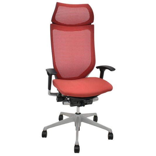 【中古】オカムラ　バロン　エクストラハイバック　可動肘　固定ヘッドレスト　シルバー脚　レッド　2026051402【中古オフィス家具】