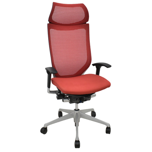 【中古】オカムラ　バロン　エクストラハイバック　可動肘　固定ヘッドレスト　シルバー脚　レッド　2026051403【中古オフィス家具】
