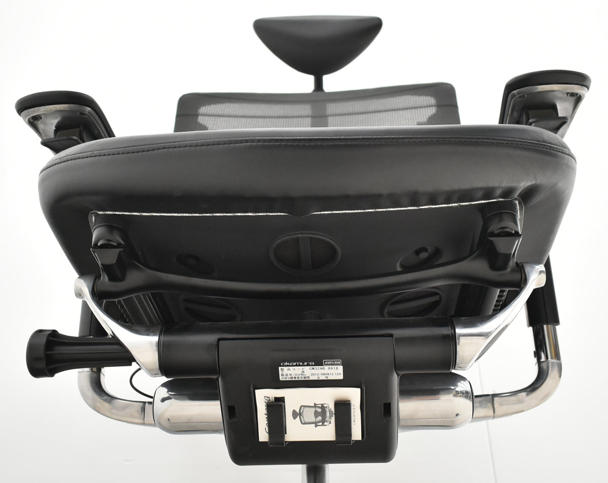 【中古】オカムラ　コンテッサ　ヘッドレスト　可動肘　ランバーサポート　グラデーションメッシュ×革張り　ポリッシュ　ブラック　2026060501【中古オフィス家具】