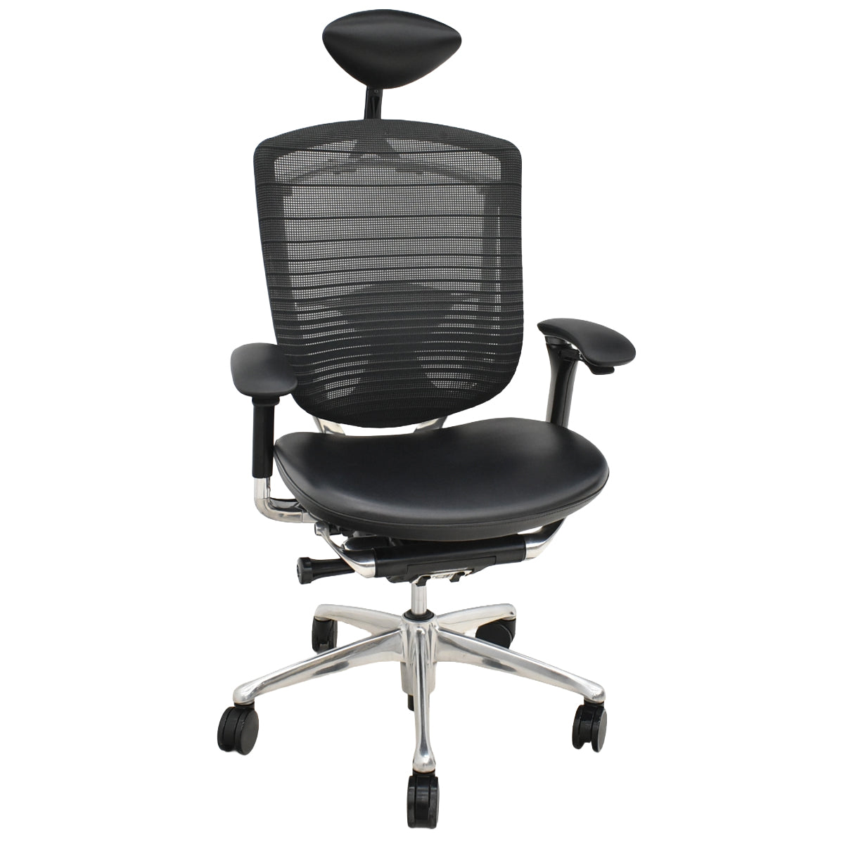 【中古】オカムラ　コンテッサ　ヘッドレスト　可動肘　ランバーサポート　グラデーションメッシュ×革張り　ポリッシュ　ブラック　2026060501【中古オフィス家具】
