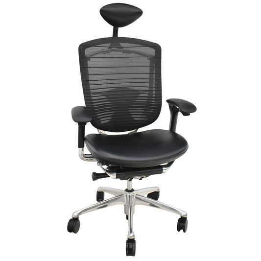 【中古】オカムラ　コンテッサ　ヘッドレスト　可動肘　ランバーサポート　グラデーションメッシュ×革張り　ポリッシュ　ブラック　2026060501【中古オフィス家具】