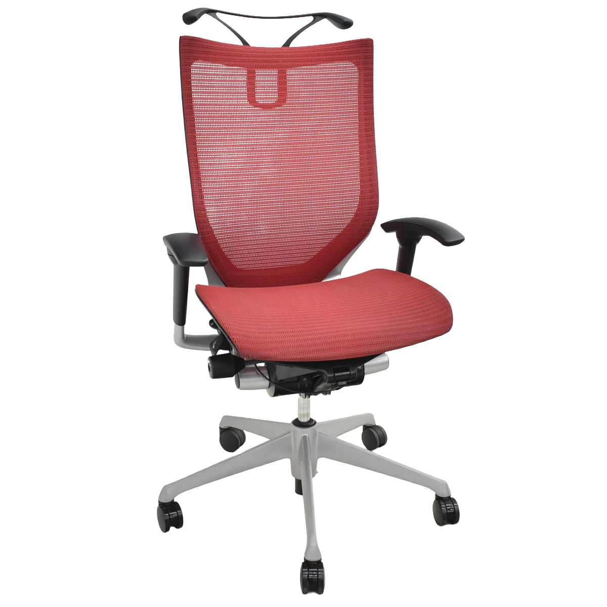 【中古】オカムラ　バロン　ハイバック　可動肘　ハンガー　シルバー脚　レッド 　2026061802【中古オフィス家具】