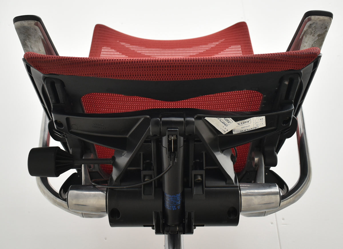 【中古】オカムラ　バロン　ローバック　固定肘　ポリッシュ　昇降ガス新品交換済　レッド　2026062202【中古オフィス家具】