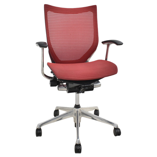 【中古】オカムラ　バロン　ローバック　固定肘　ポリッシュ　昇降ガス新品交換済　レッド　2026062202【中古オフィス家具】
