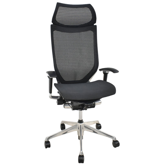 【中古】オカムラ　バロン　エクストラハイバック　可動肘　固定ヘッドレスト　ポリッシュ　昇降ガス交換済　ブラック　2026062301【中古オフィス家具】