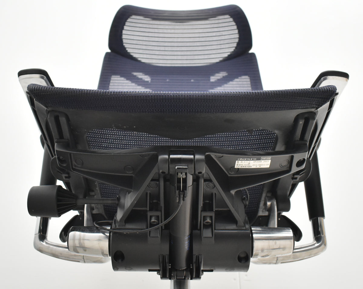 【中古】オカムラ　バロン　エクストラハイバック　可動肘　可動ヘッドレスト　ランバーサポート　ハンガー　ポリッシュ　昇降ガス交換済　ダークブルー　2026062304【中古オフィス家具】