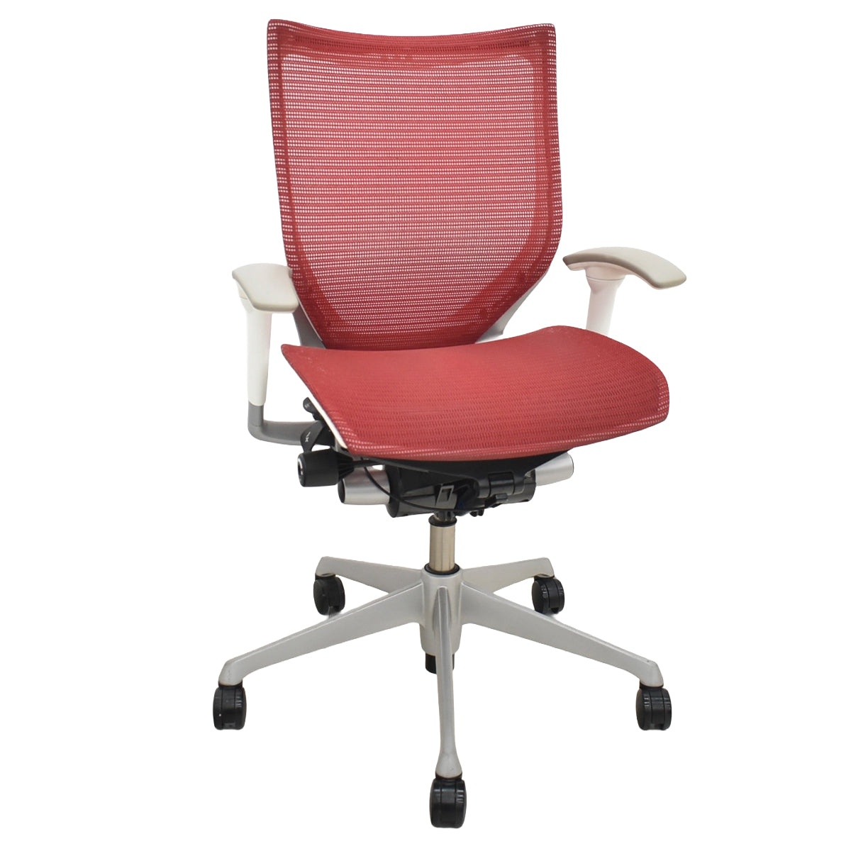 【中古】[難有]オカムラ　バロン　ローバック　可動肘　ホワイトボディ　レッド　2026070604【中古オフィス家具】