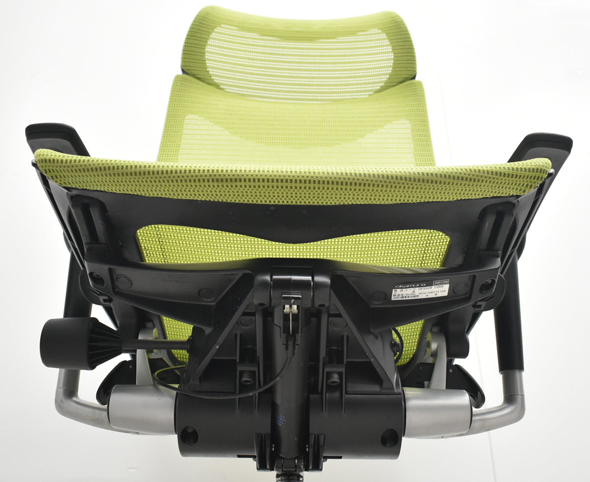 【中古】オカムラ　バロン　エクストラハイバック　可動肘　固定ヘッドレスト　シルバー脚　ライムグリーン　2026071810【中古オフィス家具】