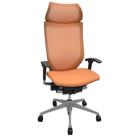 【中古】オカムラ　バロン　エクストラハイバック　可動肘　固定ヘッドレスト　シルバー脚　オレンジ　2026071811【中古オフィス家具】