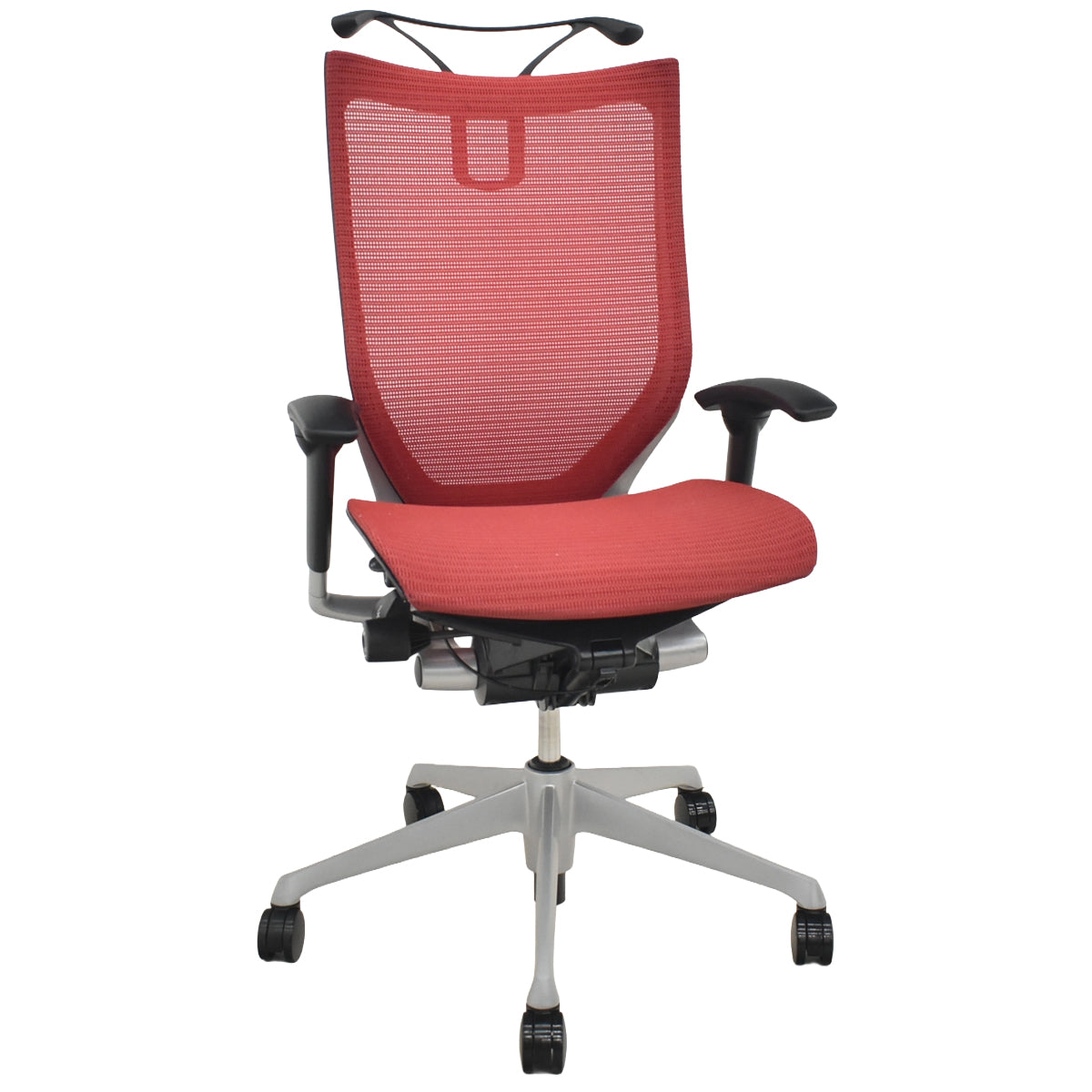 【中古】オカムラ　バロン　ハイバック　可動肘　ハンガー　シルバー脚　レッド 　2026072101【中古オフィス家具】