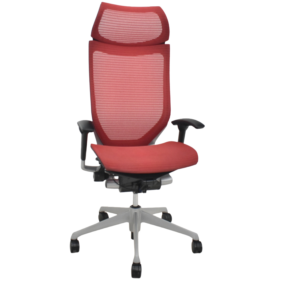 【中古】オカムラ　バロン　エクストラハイバック　可動肘　固定ヘッドレスト　シルバー脚　レッド　2026072203【中古オフィス家具】