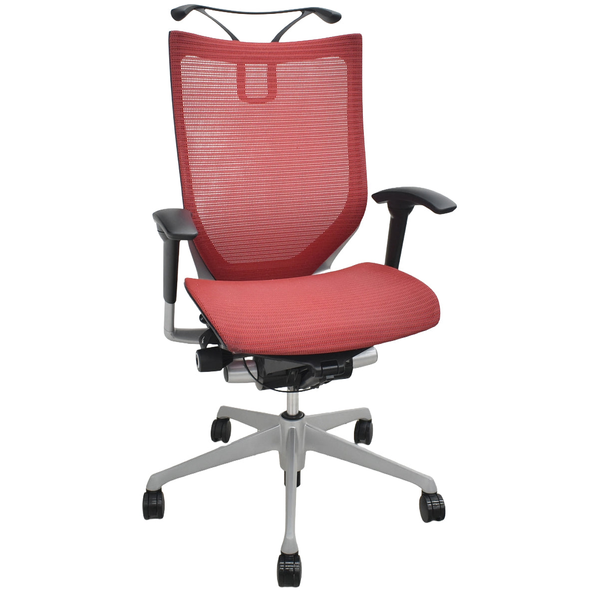 【中古】オカムラ　バロン　ハイバック　可動肘　ハンガー　シルバー脚　レッド 　2026072206【中古オフィス家具】