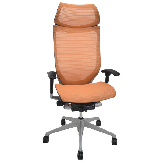 【中古】オカムラ　バロン　エクストラハイバック　可動肘　固定ヘッドレスト　シルバー脚　オレンジ　2026073001【中古オフィス家具】