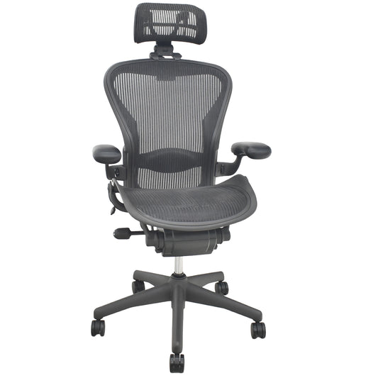 【中古】ハーマンミラー　アーロンチェア　Bサイズ　フル装備　ランバーサポート　昇降ガス新品　ヘッドレスト（社外品）ブラック　2026080402【中古オフィス家具】