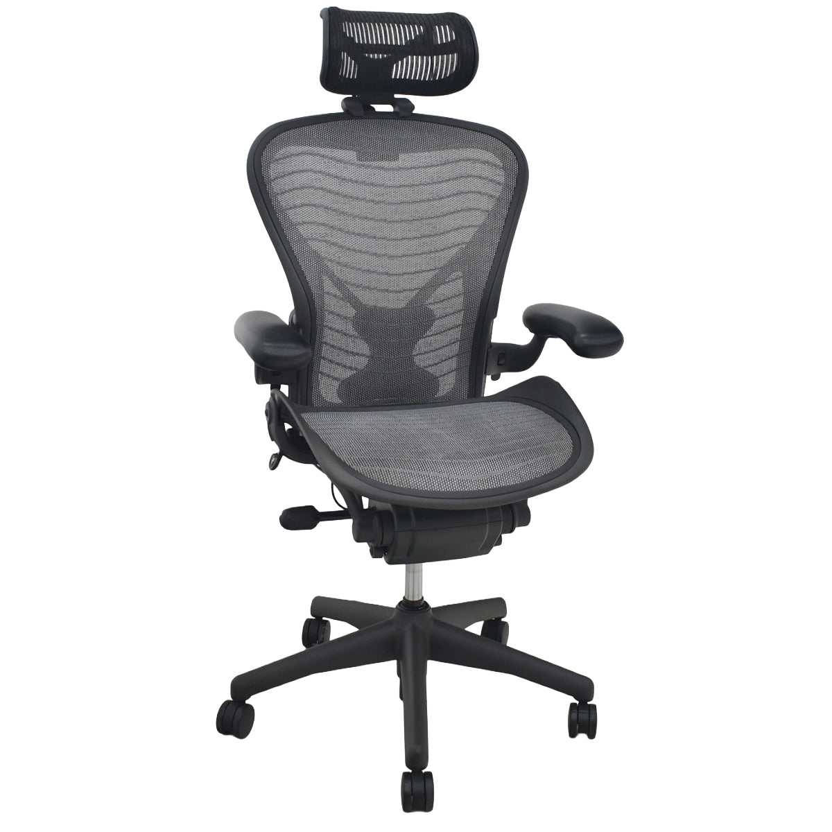 【中古】ハーマンミラー　アーロンチェア　Bサイズ　フル装備　ポスチャーフィット（パッド新品）ウェーブメッシュ　ヘッドレスト（社外品）グレー　2026080403【中古オフィス家具】