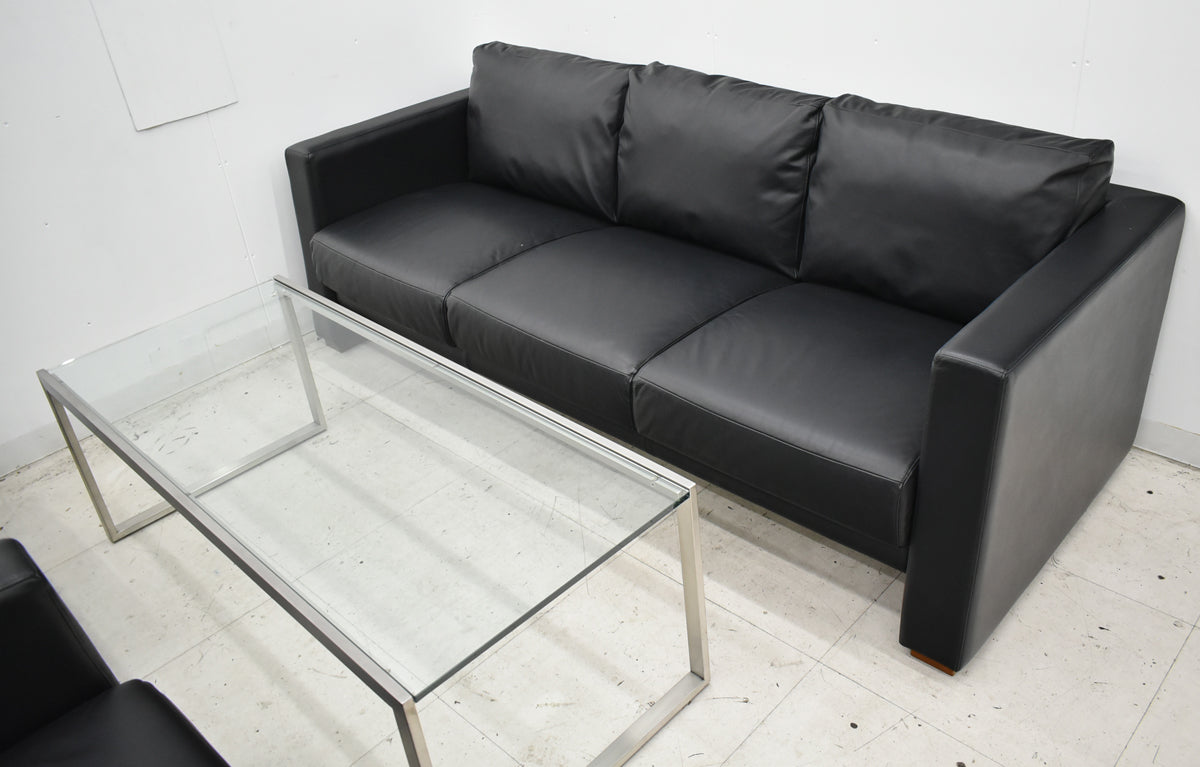 【中古】AIDEC　高級応接４点セット　総革張り　ブラック　幅1950　2026091601【中古オフィス家具】