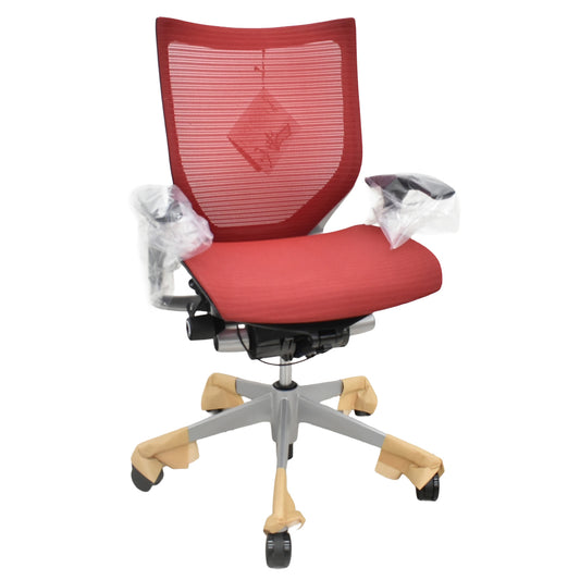 【中古】[新品未使用品]オカムラ　バロン　ローバック　可動肘　シルバー脚　レッド  2026093007【オフィスチェア】